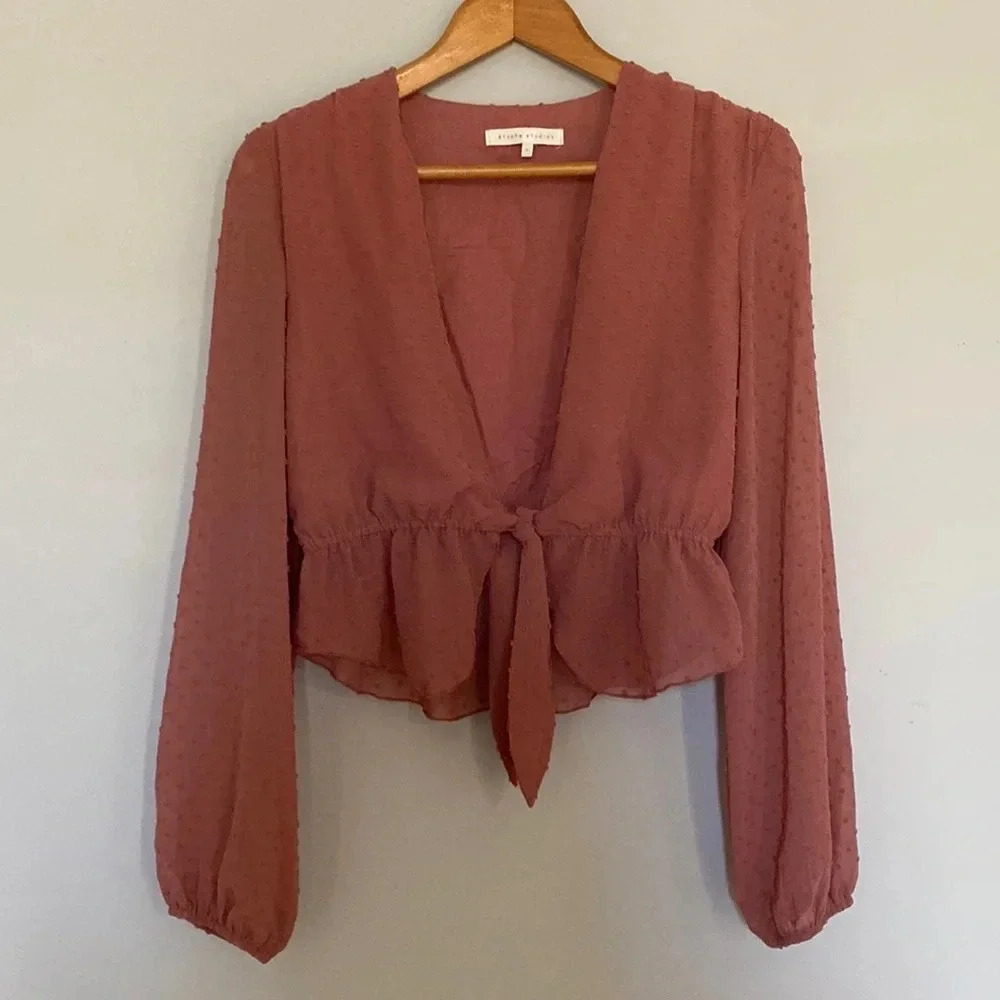 étophe studios Swiss Dot Pink Front Tie Crop Top Size Medium
